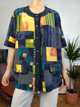 Load image into Gallery viewer, Vintage navy blue viscose shirt yellow orange short sleeve pattern print blouse L
