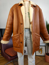 Load image into Gallery viewer, Vintage genuine shearling leather coat tan brown sheepskin lambskin sherpa winter heavy midi jacket L-XL
