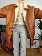 Load image into Gallery viewer, Vintage genuine shearling leather coat tan brown sheepskin lambskin sherpa winter heavy midi jacket L-XL
