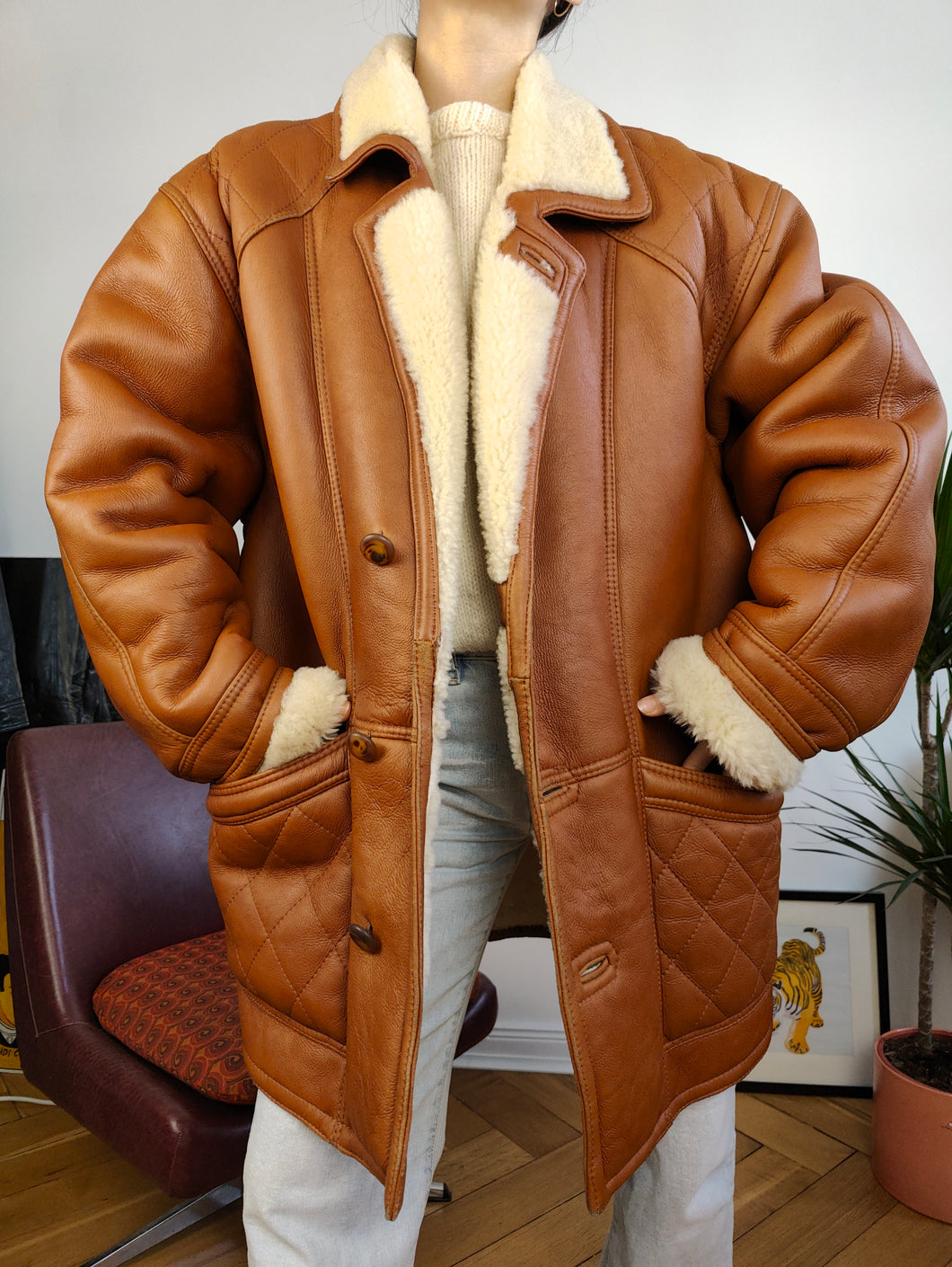 Vintage genuine shearling leather coat tan brown sheepskin lambskin sherpa winter heavy midi jacket L-XL
