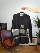 Load image into Gallery viewer, Vintage lambs wool blend Baroni sweater grey embroidery ski snow bear animal knit knitted pullover jumper L
