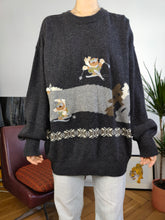 Load image into Gallery viewer, Vintage lambs wool blend Baroni sweater grey embroidery ski snow bear animal knit knitted pullover jumper L
