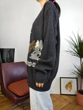 Load image into Gallery viewer, Vintage lambs wool blend Baroni sweater grey embroidery ski snow bear animal knit knitted pullover jumper L
