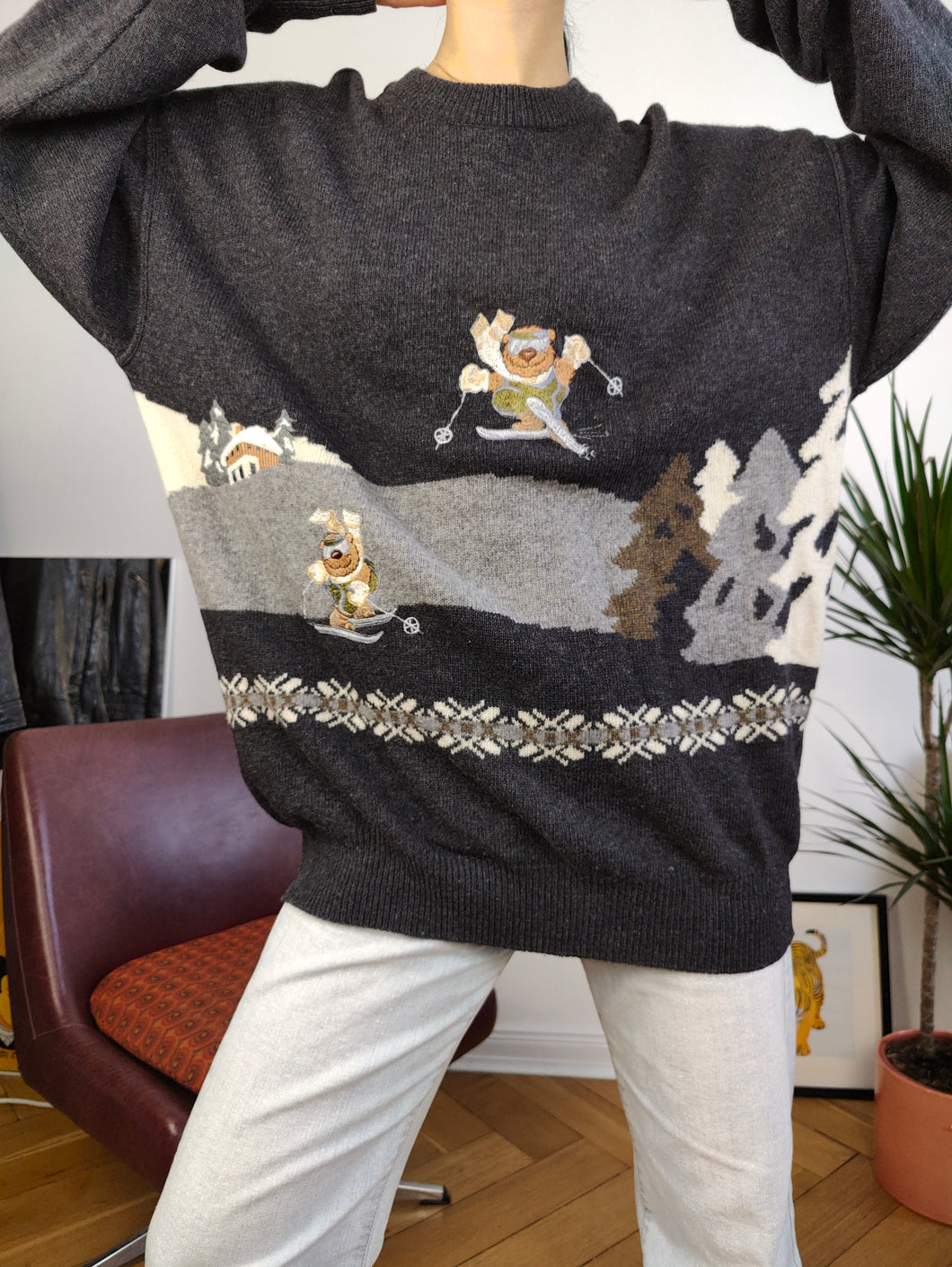 Vintage Baroni-Pullover aus Lammwolle-Mischung, graue Stickerei, Ski, Schneebär, Tierstrick, Strickpullover, Pullover, L