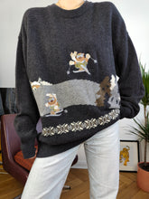 Load image into Gallery viewer, Vintage lambs wool blend Baroni sweater grey embroidery ski snow bear animal knit knitted pullover jumper L

