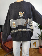 Load image into Gallery viewer, Vintage lambs wool blend Baroni sweater grey embroidery ski snow bear animal knit knitted pullover jumper L
