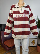 Load image into Gallery viewer, Vintage 90s sweatshirt sweater quarter zip pullover jumper oversized cotton grey burgundy red stripe Classic rugby unisex men XL-XXL
