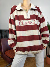 Load image into Gallery viewer, Vintage 90s sweatshirt sweater quarter zip pullover jumper oversized cotton grey burgundy red stripe Classic rugby unisex men XL-XXL
