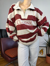 Load image into Gallery viewer, Vintage 90s sweatshirt sweater quarter zip pullover jumper oversized cotton grey burgundy red stripe Classic rugby unisex men XL-XXL
