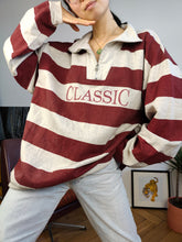 Load image into Gallery viewer, Vintage 90s sweatshirt sweater quarter zip pullover jumper oversized cotton grey burgundy red stripe Classic rugby unisex men XL-XXL
