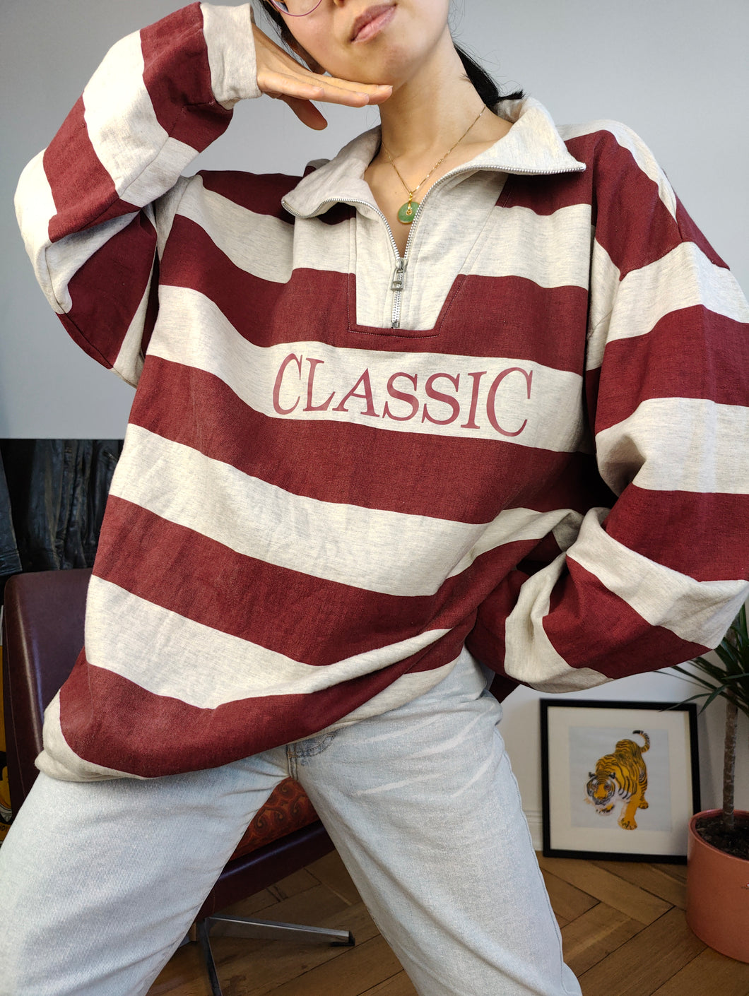 Vintage 90s sweatshirt sweater quarter zip pullover jumper oversized cotton grey burgundy red stripe Classic rugby unisex men XL-XXL