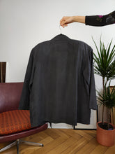 Lade das Bild in den Galerie-Viewer, Vintage-Seiden-Blazer-Jacke, schwarz, leicht, übergroß, lockere Passform, schlichte Blouson-Cardigan-Jacke M
