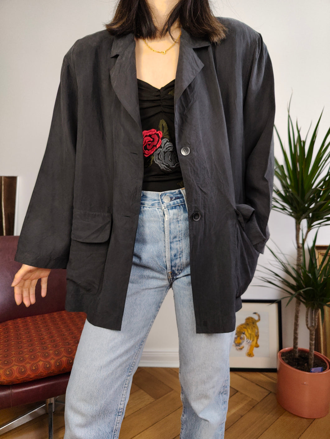 Vintage-Seiden-Blazer-Jacke, schwarz, leicht, übergroß, lockere Passform, schlichte Blouson-Cardigan-Jacke M