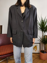 Lade das Bild in den Galerie-Viewer, Vintage-Seiden-Blazer-Jacke, schwarz, leicht, übergroß, lockere Passform, schlichte Blouson-Cardigan-Jacke M

