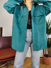Load image into Gallery viewer, Vintage 100% silk shirt blouse teal blue green long sleeve button up plain unisex men L
