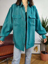 Load image into Gallery viewer, Vintage 100% silk shirt blouse teal blue green long sleeve button up plain unisex men L
