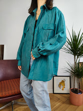 Load image into Gallery viewer, Vintage 100% silk shirt blouse teal blue green long sleeve button up plain unisex men L
