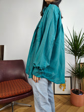 Load image into Gallery viewer, Vintage 100% silk shirt blouse teal blue green long sleeve button up plain unisex men L
