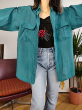 Load image into Gallery viewer, Vintage 100% silk shirt blouse teal blue green long sleeve button up plain unisex men L
