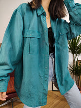 Load image into Gallery viewer, Vintage 100% silk shirt blouse teal blue green long sleeve button up plain unisex men L
