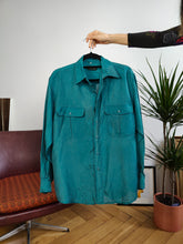Load image into Gallery viewer, Vintage 100% silk shirt blouse teal blue green long sleeve button up plain unisex men L
