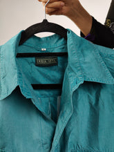 Load image into Gallery viewer, Vintage 100% silk shirt blouse teal blue green long sleeve button up plain unisex men L
