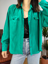 Load image into Gallery viewer, Vintage silk blouse shirt turquoise green plain long sleeve button up women S-M
