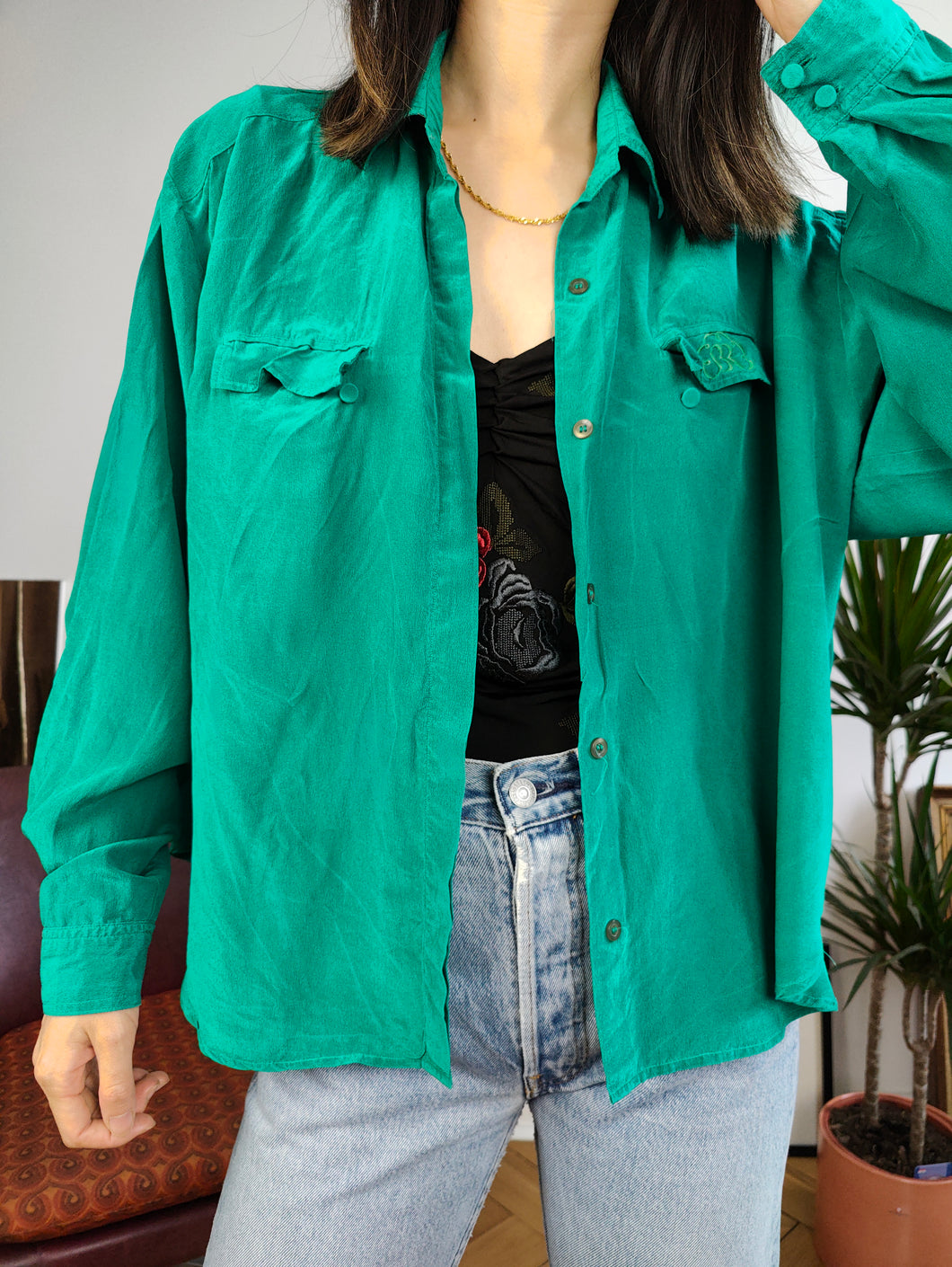 Vintage silk blouse shirt turquoise green plain long sleeve button up women S-M