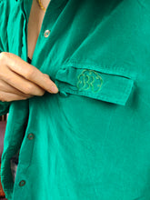 Load image into Gallery viewer, Vintage silk blouse shirt turquoise green plain long sleeve button up women S-M
