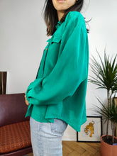 Load image into Gallery viewer, Vintage silk blouse shirt turquoise green plain long sleeve button up women S-M
