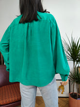 Load image into Gallery viewer, Vintage silk blouse shirt turquoise green plain long sleeve button up women S-M
