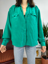 Load image into Gallery viewer, Vintage silk blouse shirt turquoise green plain long sleeve button up women S-M
