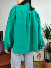 Load image into Gallery viewer, Vintage silk blouse shirt turquoise green plain long sleeve button up women S-M
