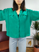 Load image into Gallery viewer, Vintage silk blouse shirt turquoise green plain long sleeve button up women S-M

