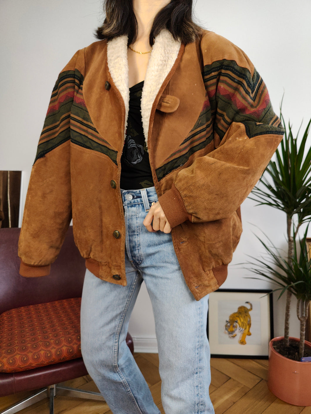 Vintage navajo leather bomber jacket suede aztec brown tan winter coat unisex men IT50 M-L