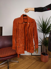 Load image into Gallery viewer, Vintage genuine suede leather jacket orange brown fitted short trench coat shirt women XS
