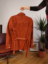Load image into Gallery viewer, Vintage genuine suede leather jacket orange brown fitted short trench coat shirt women XS
