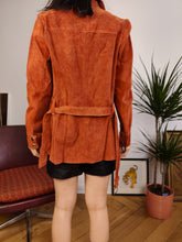 Load image into Gallery viewer, Vintage genuine suede leather jacket orange brown fitted short trench coat shirt women XS
