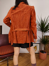 Load image into Gallery viewer, Vintage genuine suede leather jacket orange brown fitted short trench coat shirt women XS
