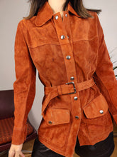 Load image into Gallery viewer, Vintage genuine suede leather jacket orange brown fitted short trench coat shirt women XS
