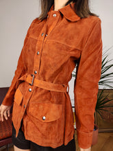 Load image into Gallery viewer, Vintage genuine suede leather jacket orange brown fitted short trench coat shirt women XS
