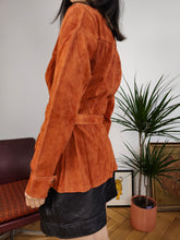 Load image into Gallery viewer, Vintage genuine suede leather jacket orange brown fitted short trench coat shirt women XS
