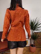 Load image into Gallery viewer, Vintage genuine suede leather jacket orange brown fitted short trench coat shirt women XS
