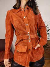 Load image into Gallery viewer, Vintage genuine suede leather jacket orange brown fitted short trench coat shirt women XS
