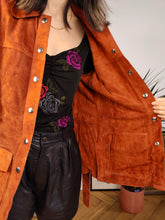 Load image into Gallery viewer, Vintage genuine suede leather jacket orange brown fitted short trench coat shirt women XS
