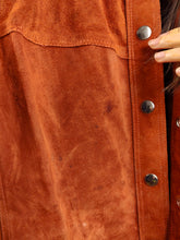 Load image into Gallery viewer, Vintage genuine suede leather jacket orange brown fitted short trench coat shirt women XS

