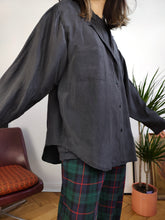 Load image into Gallery viewer, Vintage 100% silk shirt blouse black long sleeve button up plain L
