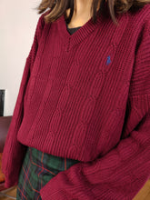 Load image into Gallery viewer, Vintage Ralph Lauren wool blend sweater cable knit burgundy red plain fall winter knitted pullover jumper unisex men M-L
