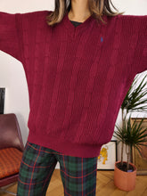 Load image into Gallery viewer, Vintage Ralph Lauren wool blend sweater cable knit burgundy red plain fall winter knitted pullover jumper unisex men M-L
