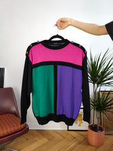 Load image into Gallery viewer, Vintage 80s style knit sweater color blocking black pink purple green knitted pullover jumper S-M
